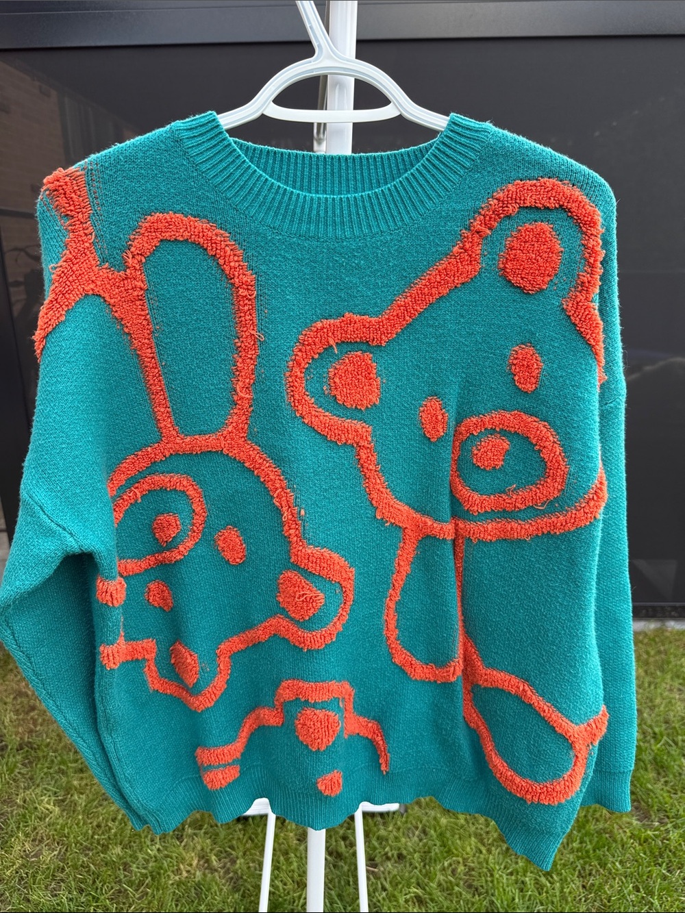 debut Teal Sweater with Orange Teddy & Bunny Graphic